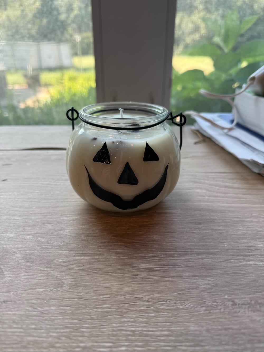 Halloween Jack-O'-Lantern Glass Candle - White Wax with Black Face